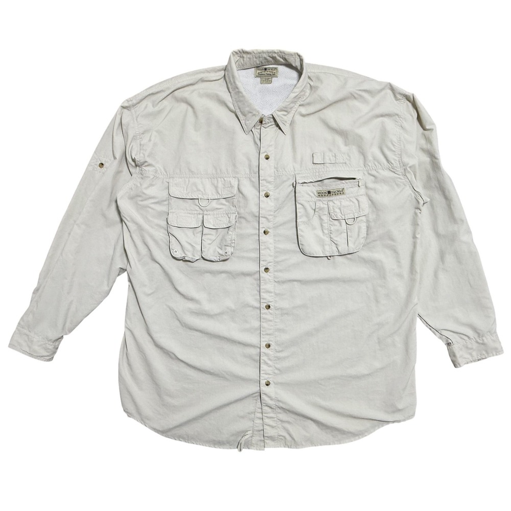 Hook & Tackle Shirt Mens 2XL Beige Vented Fishing Mesh‎ Pockets Safari MO1005L